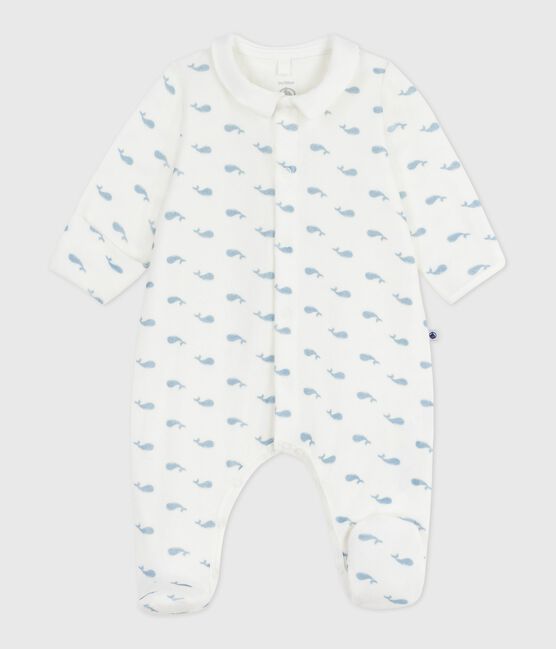 Petit Bateau - Fluwelen babypyjama met kraag en walvisprint